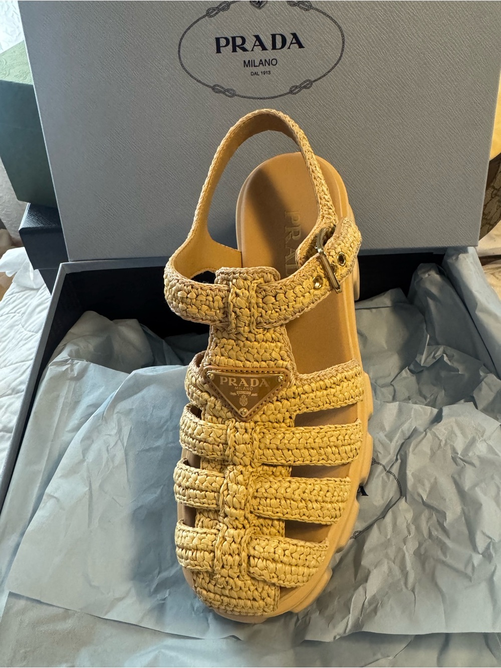 Prada Beige Woven Raffia Slingback Sandals - Picture 3 of 11